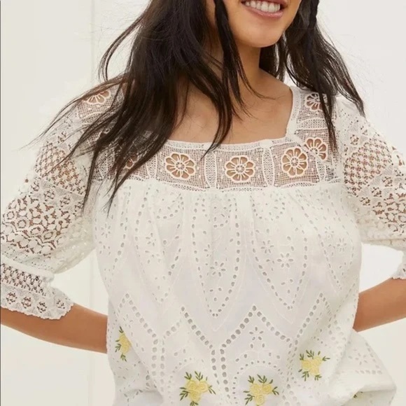 Anthropologie White Blouse with Yellow Floral Embroidery - Picture 3 of 11